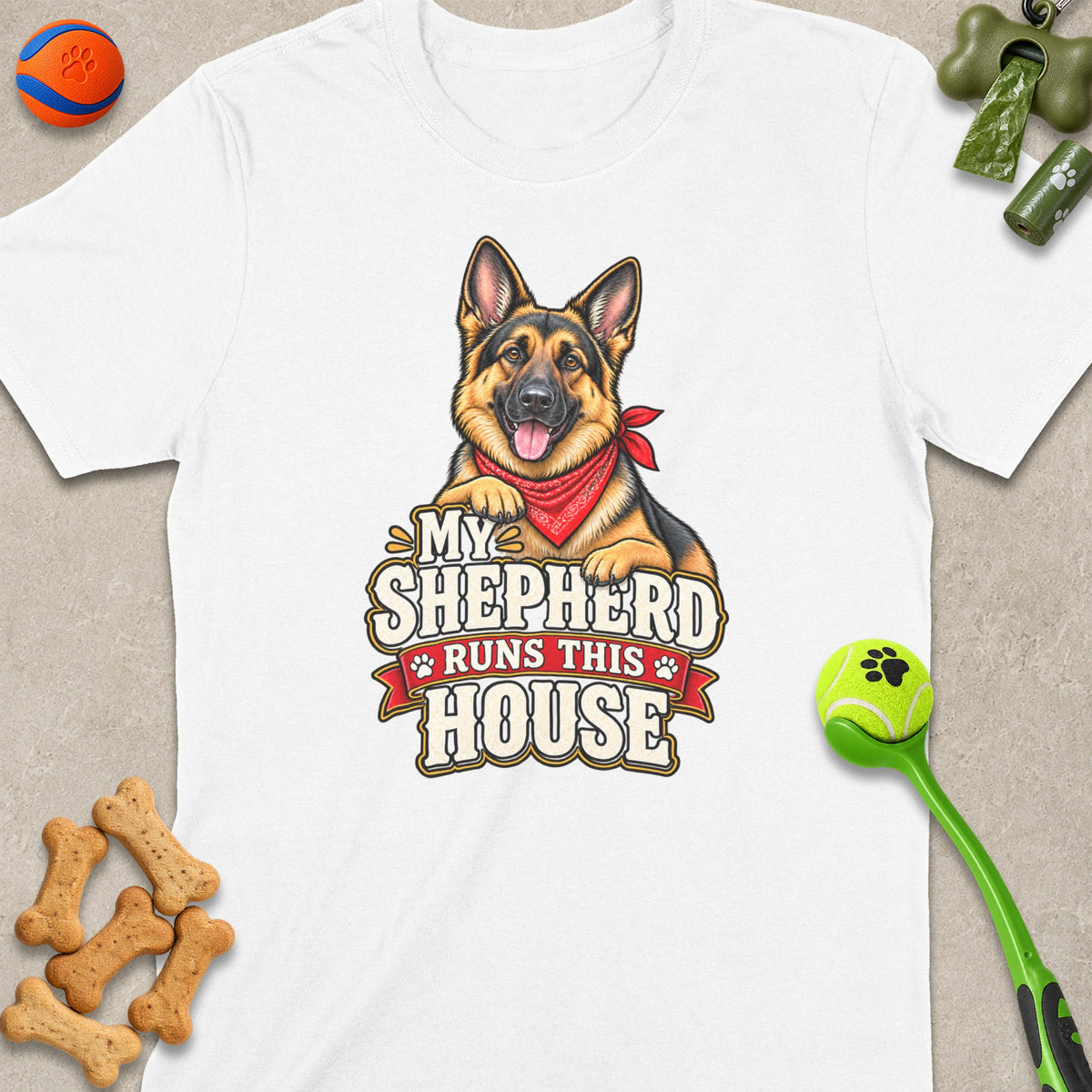 White t-shirt with German Shepherd graphic and text "My Shepherd Runs This House".