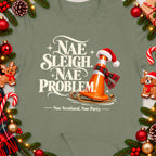 T-shirt with text "Nae Sleigh. Nae Problem." and a traffic cone on a sleigh.