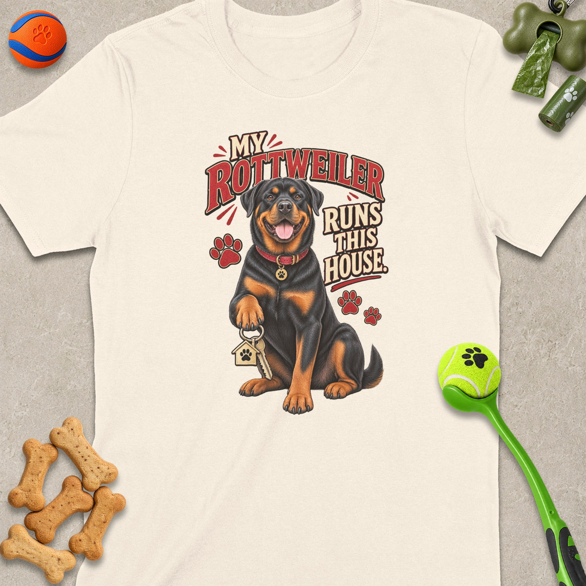 Rottweiler with keys and text "My Rottweiler Runs This House".