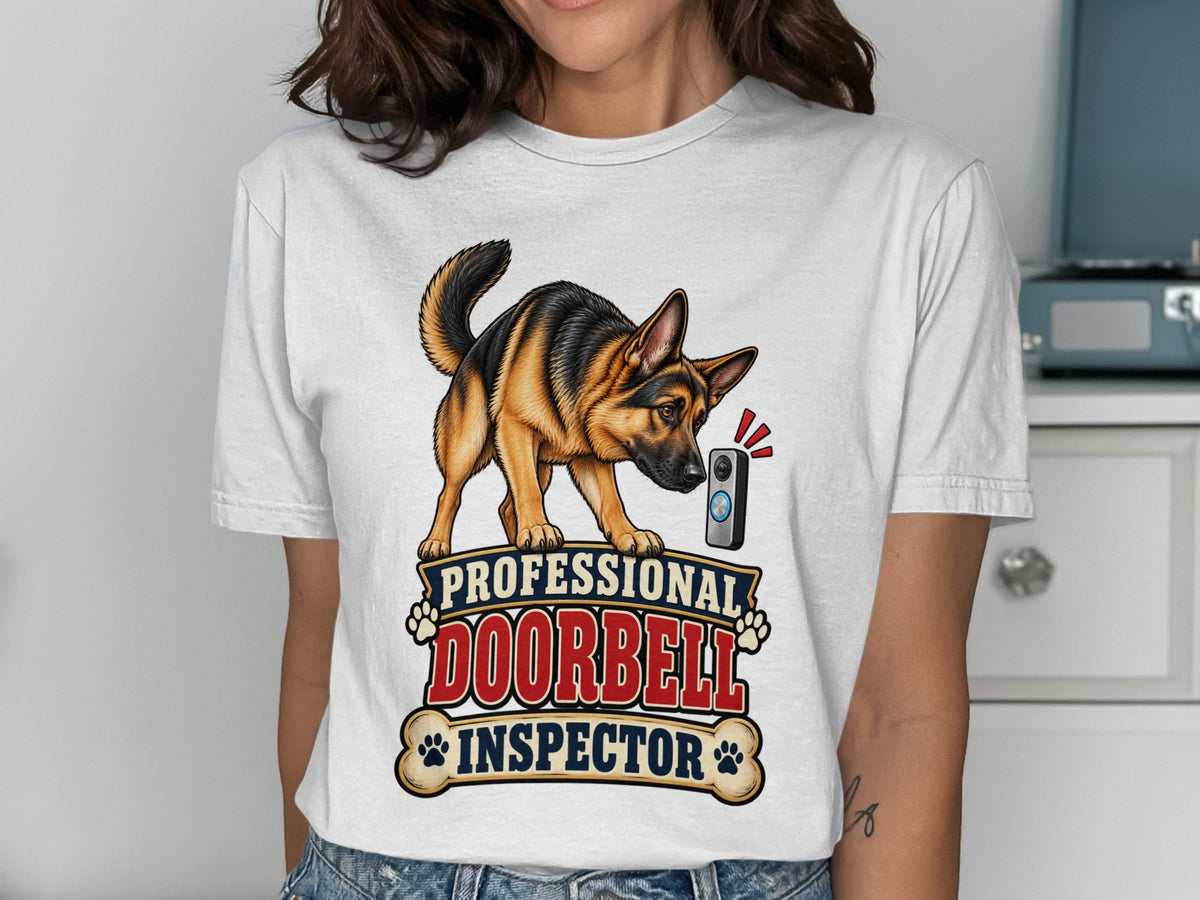 German Shepherd examines doorbell with "Professional Doorbell Inspector" text.