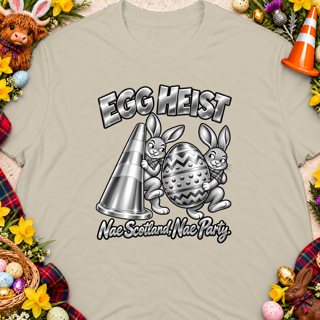 Two cartoon bunnies stealing an Easter egg, with "Egg Heist" and "Nae Scotland, Nae Party" text.