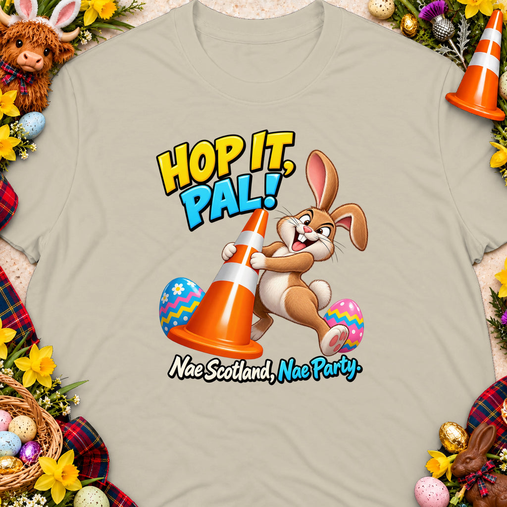 Cartoon bunny with cone and text "Hop It, Pal! Nae Scotland, Nae Party."