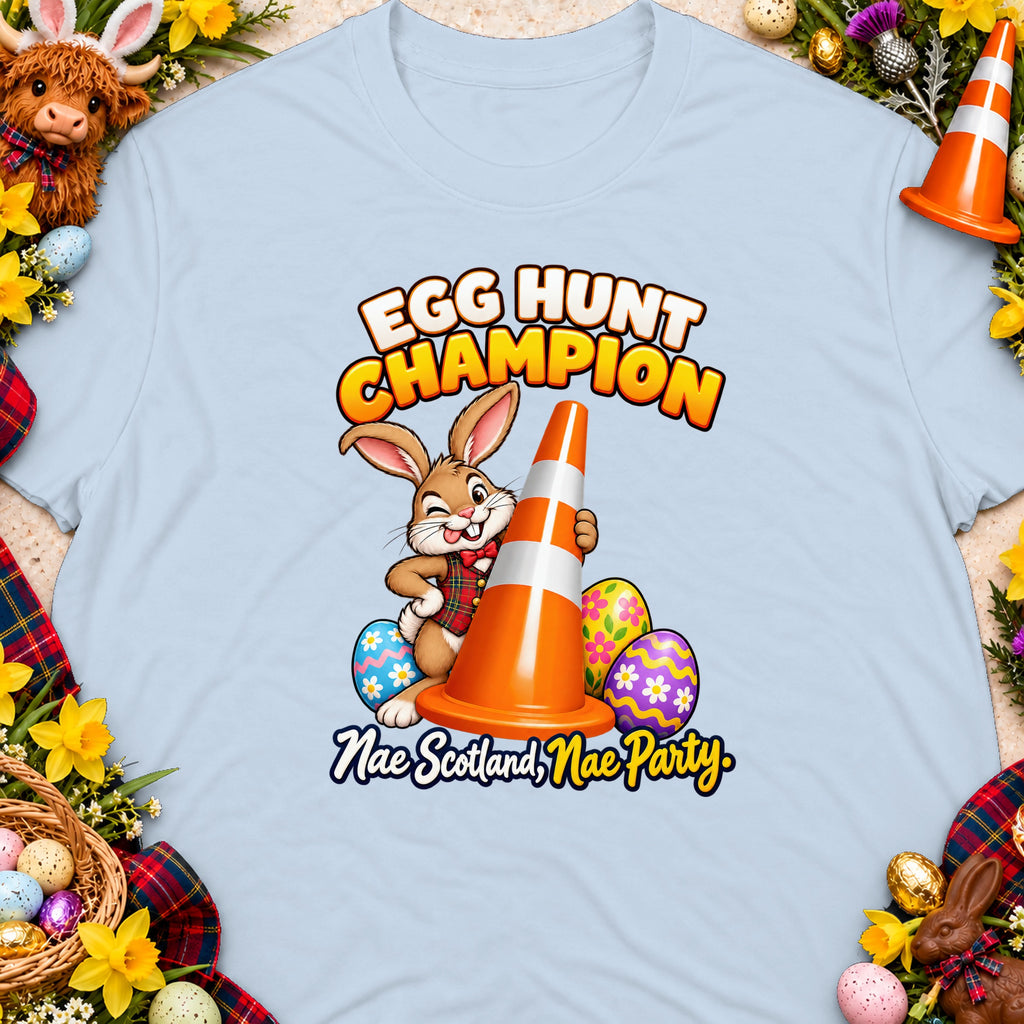 Easter bunny with cone and eggs, "Egg Hunt Champion" and "Nae Scotland, Nae Party." text.