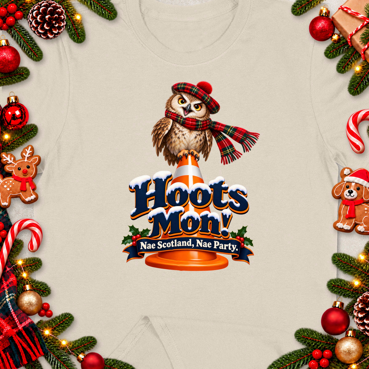 Owl wearing a tartan hat and scarf on a cone, with text "Hoots Mon!" and "Nae Scotland, Nae Party."