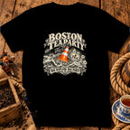 Black t-shirt featuring a Boston Tea Party graphic with a traffic cone and Scottish text.