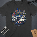 T-shirt with Houston skyline, NASA, and "Nae Scotland Nae Party" text.