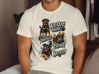 Rottweiler dogs in cartoon style with text "Rottie Mode Protect Cuddle Repeat".
