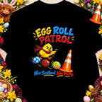 Yellow chick with a whistle, tartan eggs, traffic cone, and "Egg Roll Patrol" text.