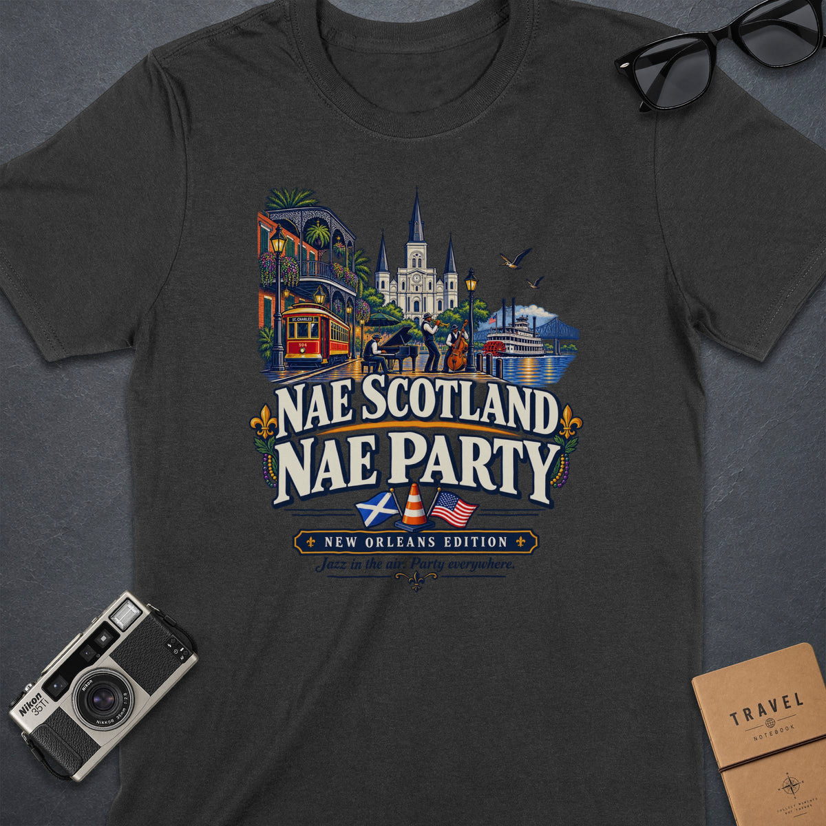T-shirt with "Nae Scotland Nae Party" text and New Orleans scene.