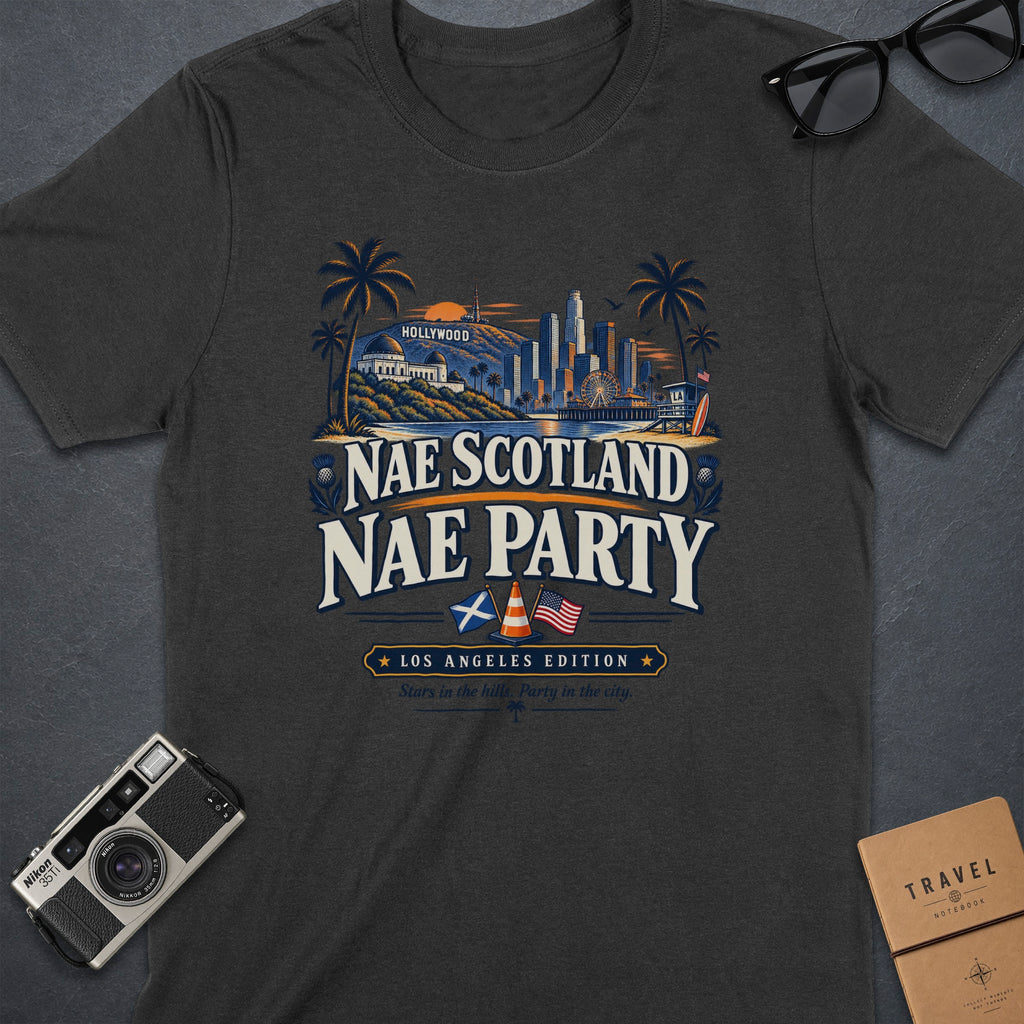 T-shirt with "Nae Scotland Nae Party" and Los Angeles skyline graphic.