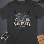 T-shirt with "Nae Scotland Nae Party" and Los Angeles skyline graphic.