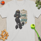 White t-shirt featuring a black poodle with a crown, text "Classy, Sassy & Slightly Judgy".