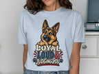 German Shepherd graphic on a light blue t-shirt with text "Loyal, Loud & Judging You."