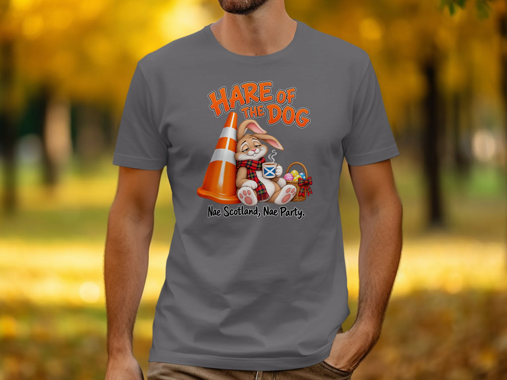 T-shirt graphic: "Hare of the Dog" with bunny, traffic cone, and Easter basket.