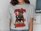Rottweiler with "Zero Fear Maximum Drool" text and paw prints on grey t-shirt.