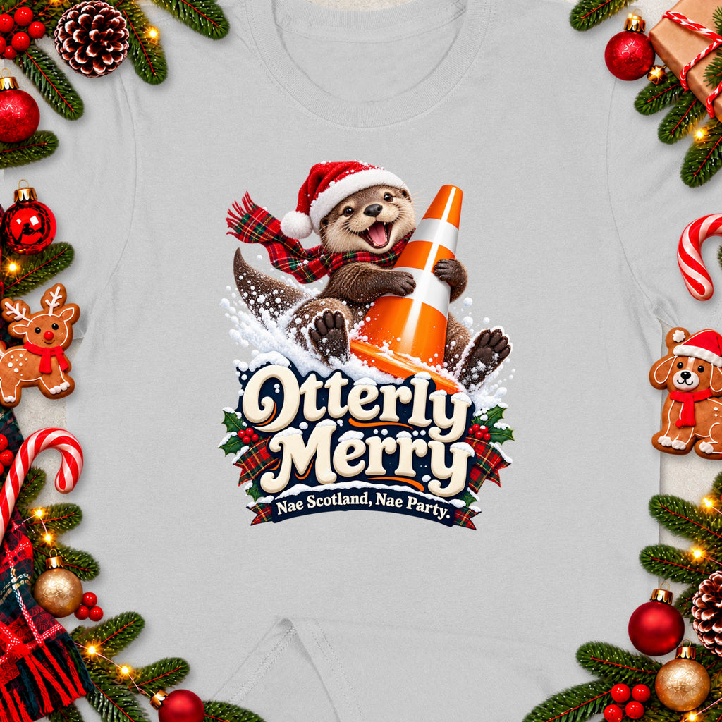 Christmas otter in Santa hat slides with orange cone, text: Otterly Merry.