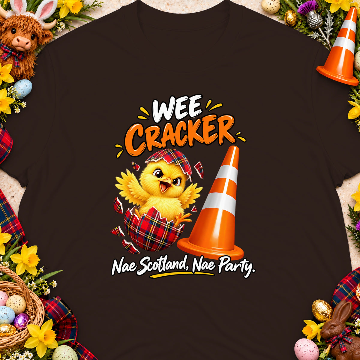 Yellow chick hatching from a plaid egg with traffic cone and text "Wee Cracker Nae Scotland, Nae Party."
