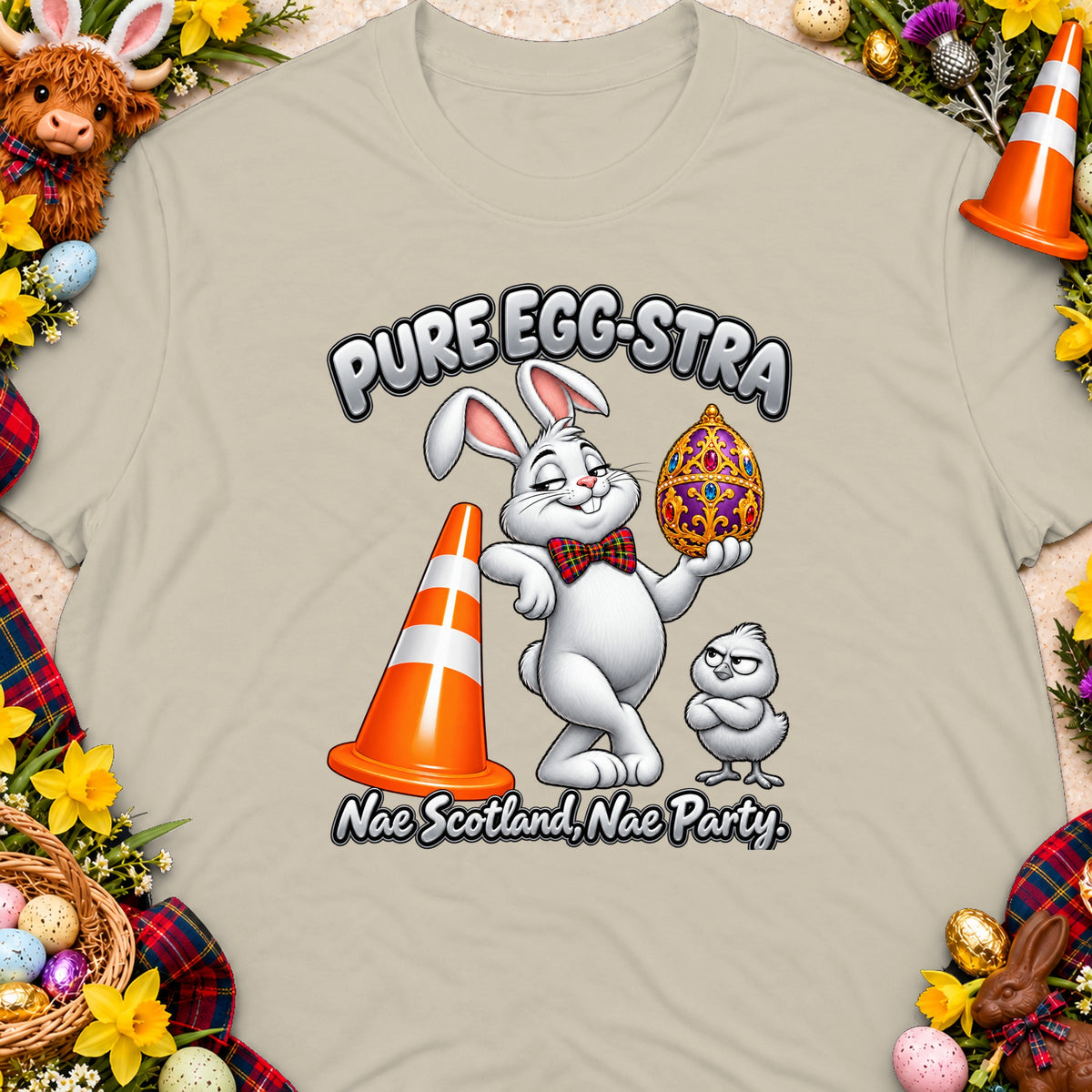 White rabbit holding an ornate egg with a traffic cone and chick. Text: Pure Egg-stra, Nae Scotland, Nae Party.