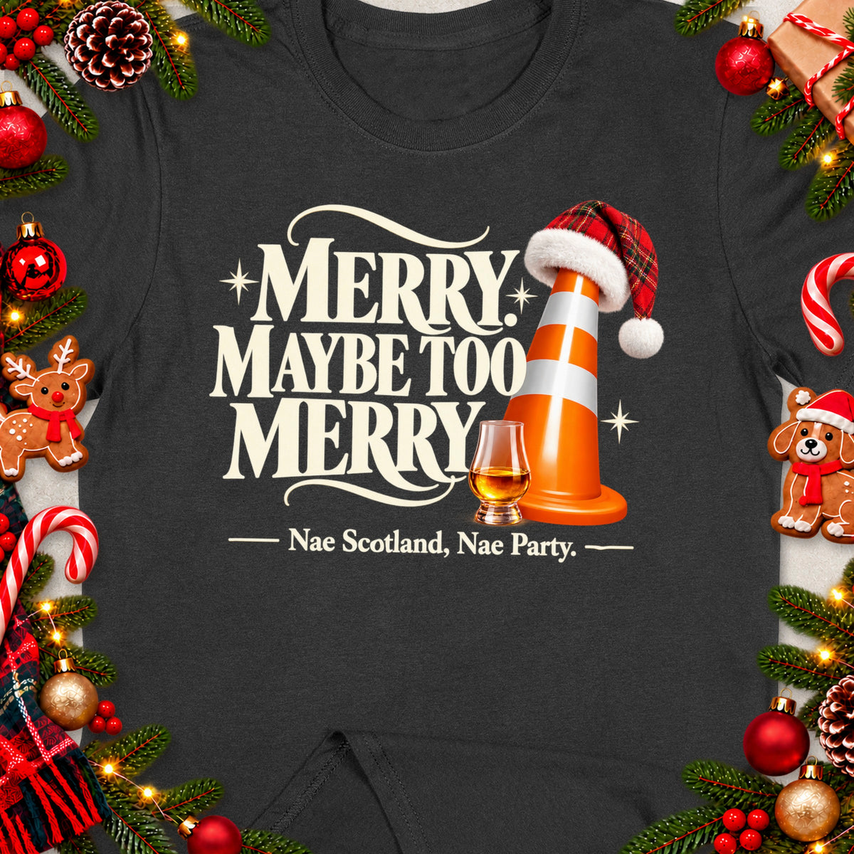 T-shirt with text "Merry Maybe Too Merry" and a traffic cone.