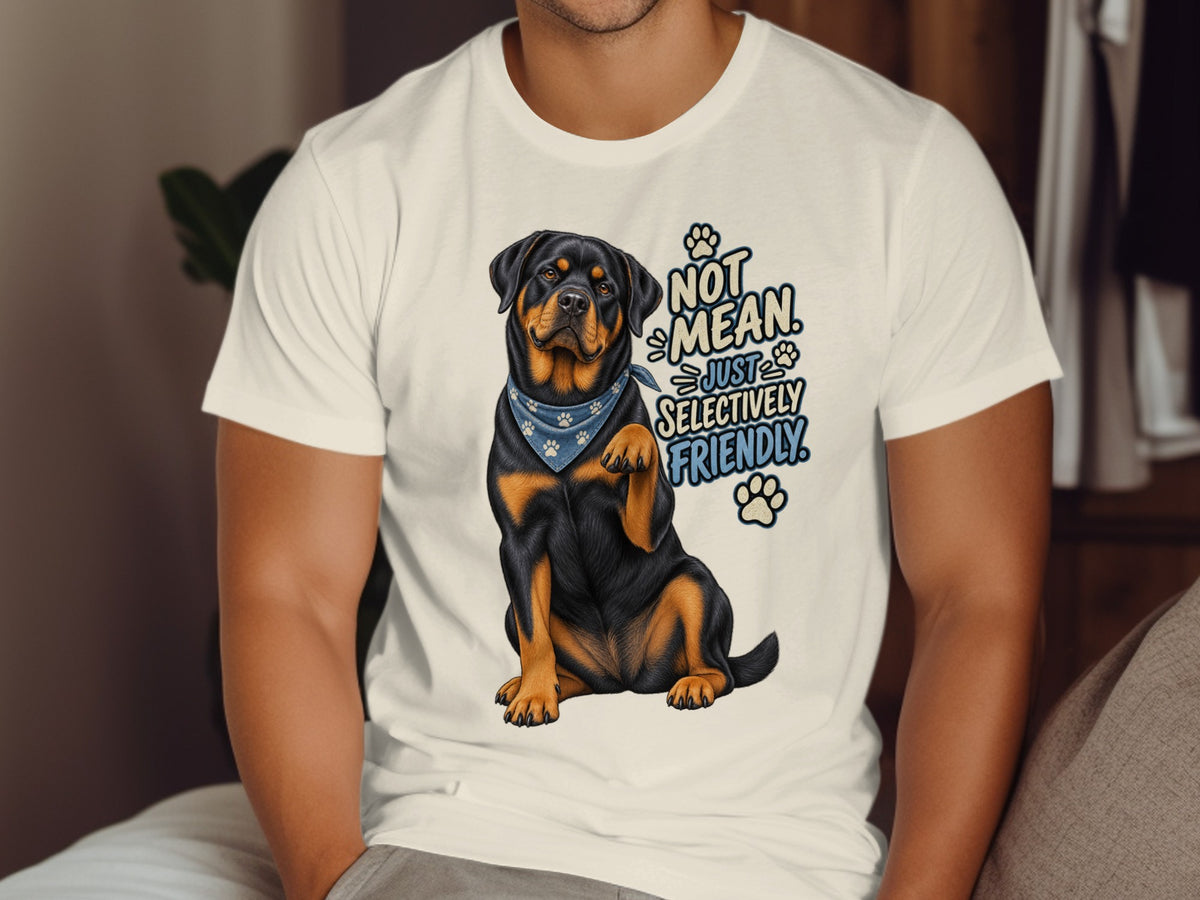 Rottweiler wearing a bandana with text "Not mean, just selectively friendly."