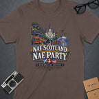 T-shirt graphic with "Nae Scotland Nae Party" and New Orleans jazz scene.