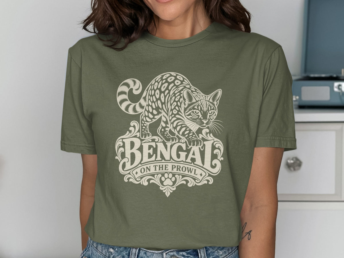 Olive green t-shirt featuring a vintage Bengal cat graphic with the text "Bengal On The Prowl."