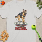 German Shepherd wearing K9 vest with text "Sit Happens. I Prefer Patrol."