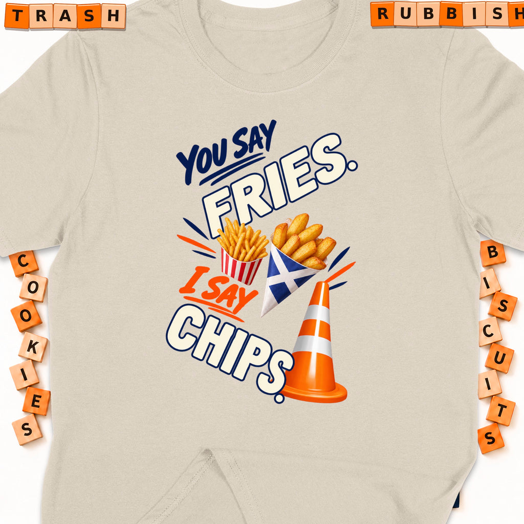 You say fries, I say chips with Scottish flag and traffic cone.
