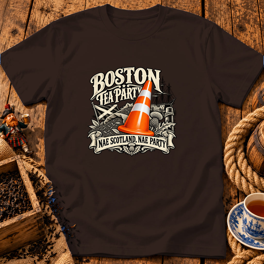 A brown t-shirt featuring a humorous graphic with an orange traffic cone, ship, and text reading Boston Tea Party.