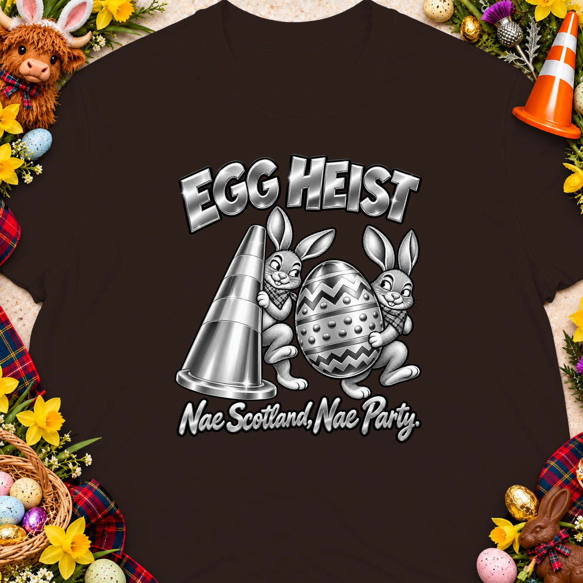Two bunnies steal an egg with "EGG HEIST" text above.