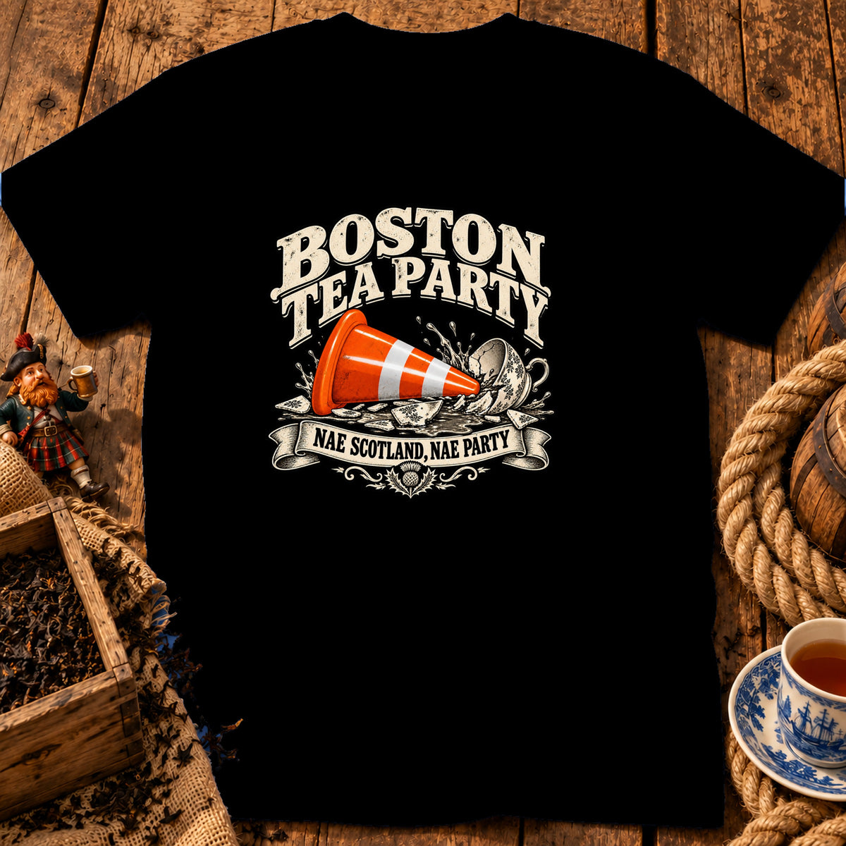 Black t-shirt featuring graphic text reading Boston Tea Party and Nae Scotland, Nae Party with traffic cone illustration.