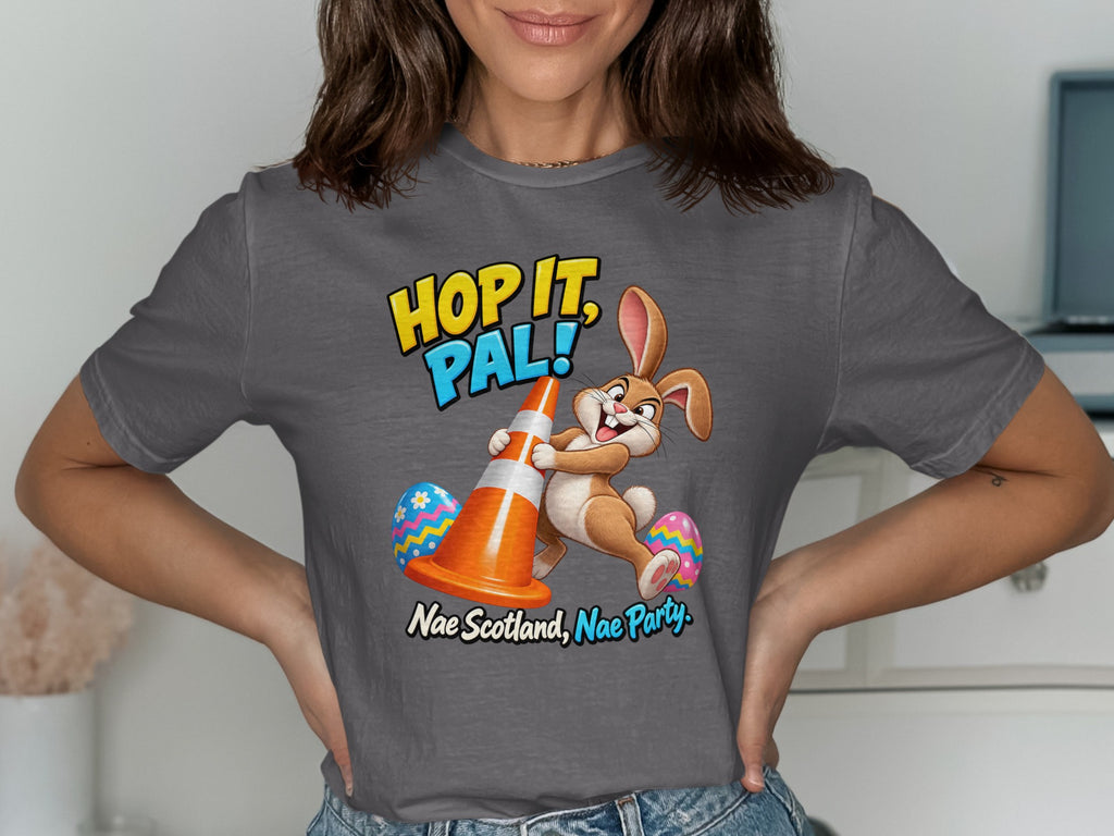 Rabbit with traffic cone and Easter eggs, "Hop it, Pal! Nae Scotland, Nae Party."
