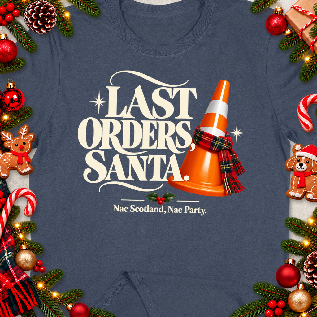 T-shirt with "Last Orders Santa" and traffic cone graphic, surrounded by Christmas decor.