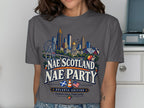 Atlanta skyline graphic with "Nae Scotland Nae Party" text and Scottish and American flags.