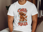 Brown poodle graphic with text "Curls Before Rules" on a white t-shirt.