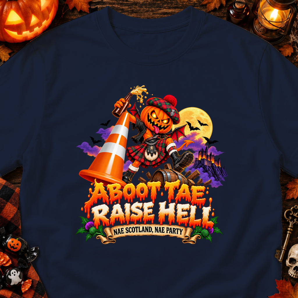 Jack-o'-lantern character in kilt and hat spills beer from bottle, text "Aboot Tae Raise Hell" and "Nae Scotland, Nae Party".