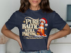 Dark blue t-shirt with "Pure Baltic Still Partying" and a traffic cone with a Santa hat.