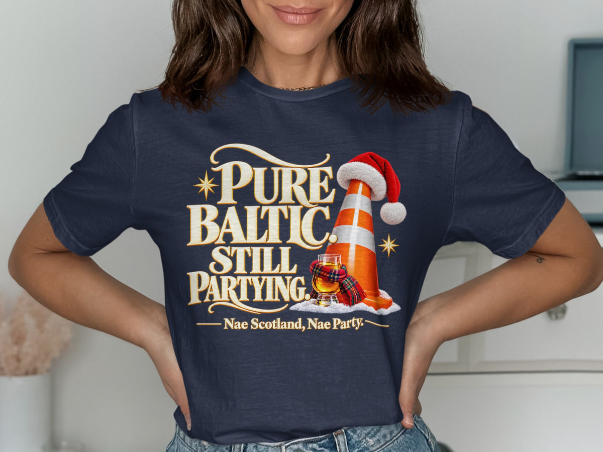 Dark blue t-shirt with "Pure Baltic Still Partying" and a traffic cone with a Santa hat.