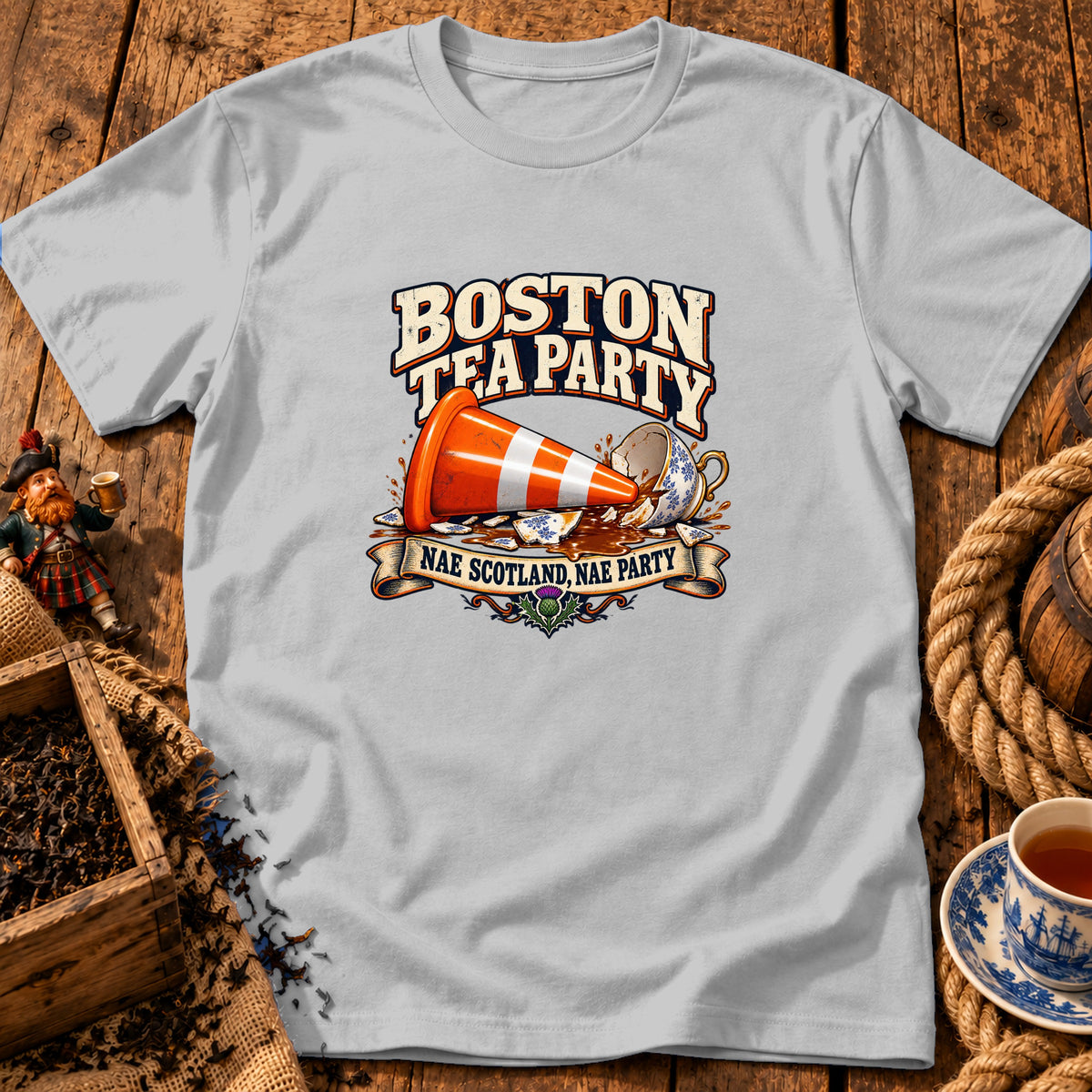 Light gray t-shirt featuring a graphic with an orange traffic cone, a smashed teacup, and text reading Boston Tea Party Nae Scotland, Nae Party.