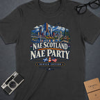 T-shirt with Denver skyline, mountains, and "Nae Scotland Nae Party Denver Edition" text.