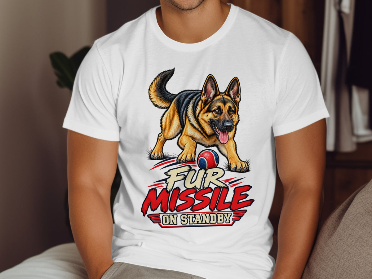 German Shepherd with a ball and text "Fur Missile On Standby".