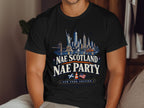 T-shirt with New York skyline, Statue of Liberty, Brooklyn Bridge, and "Nae Scotland Nae Party" text.