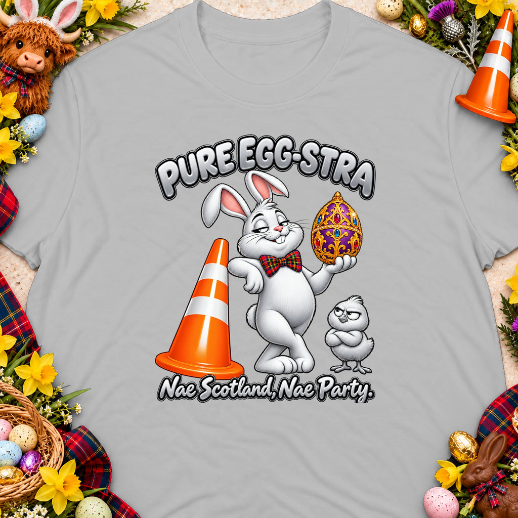 Easter bunny with ornate egg, chick, and traffic cone, text "Pure Egg-stra" and "Nae Scotland, Nae Party".