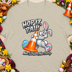 Easter bunny with traffic cone and text "Hop it, Pal! Nae Scotland, Nae Party."