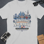 Light grey t-shirt with graphic: "Nae Scotland Nae Party Philadelphia Edition" and city skyline.