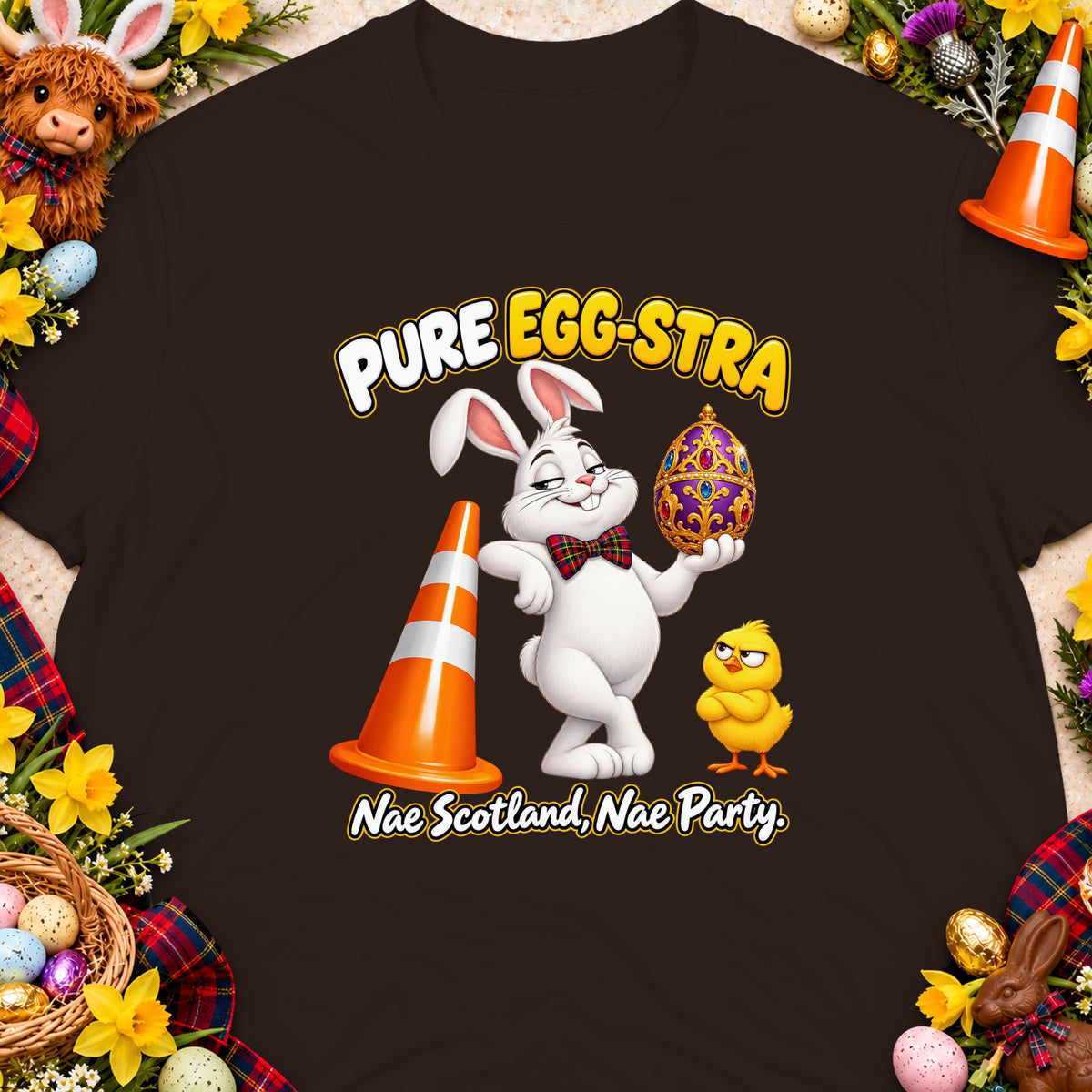 Easter bunny holding ornate egg, traffic cone, chick, text "PURE EGG-STRA Nae Scotland, Nae Party."