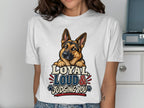 German Shepherd graphic with text "Loyal, Loud & Judging You" on white t-shirt.