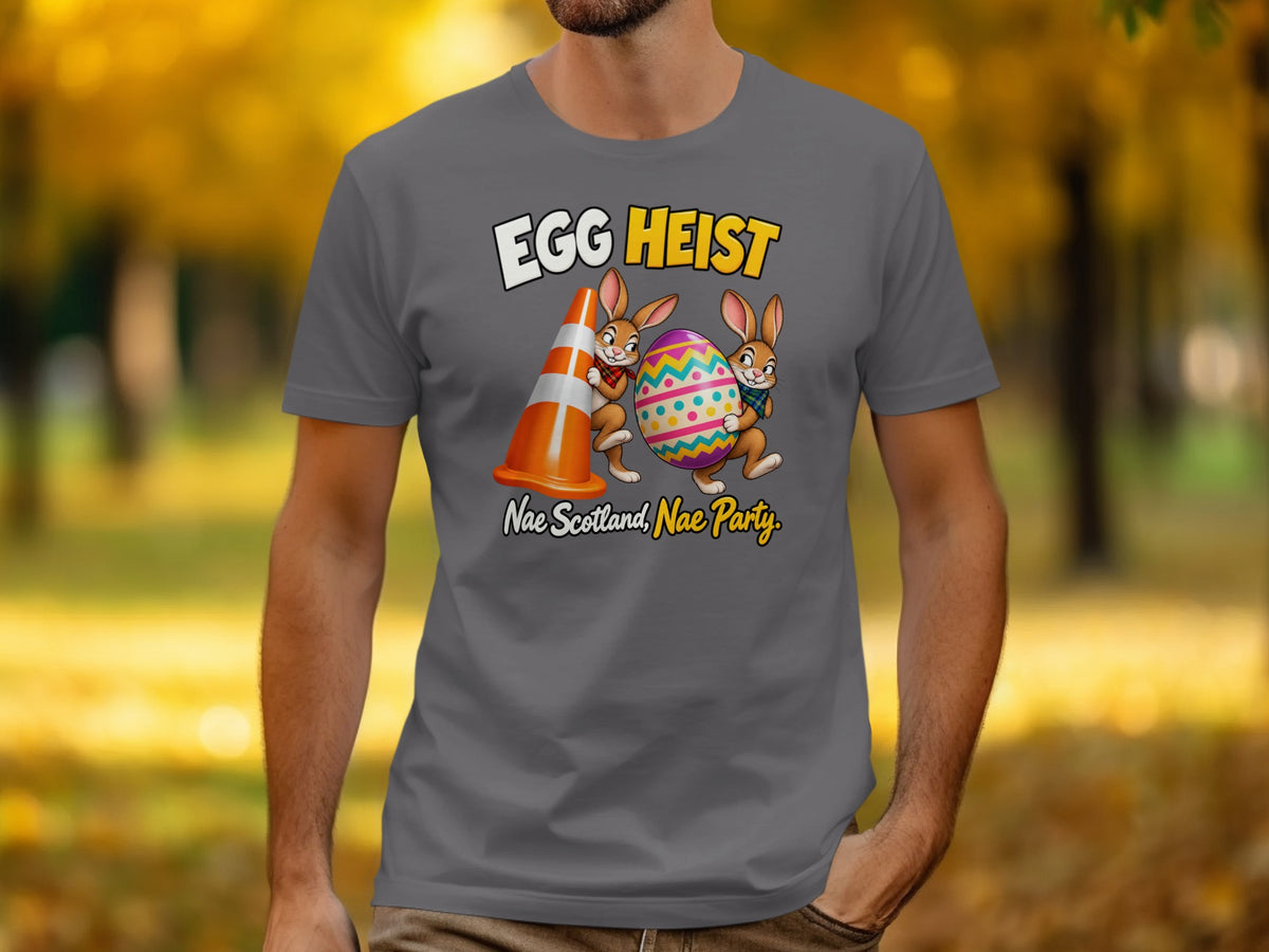 Gray t-shirt with "Egg Heist" and rabbits with an egg and cone.