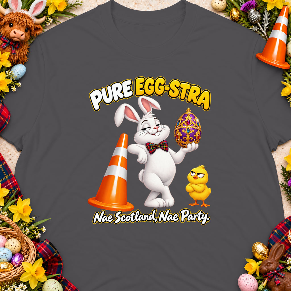 Easter bunny with ornate egg, chick, and cone. Text: "PURE EGG-STRA Nae Scotland, Nae Party."