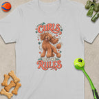 T-shirt with illustration of brown poodle and text "Curls Before Rules".